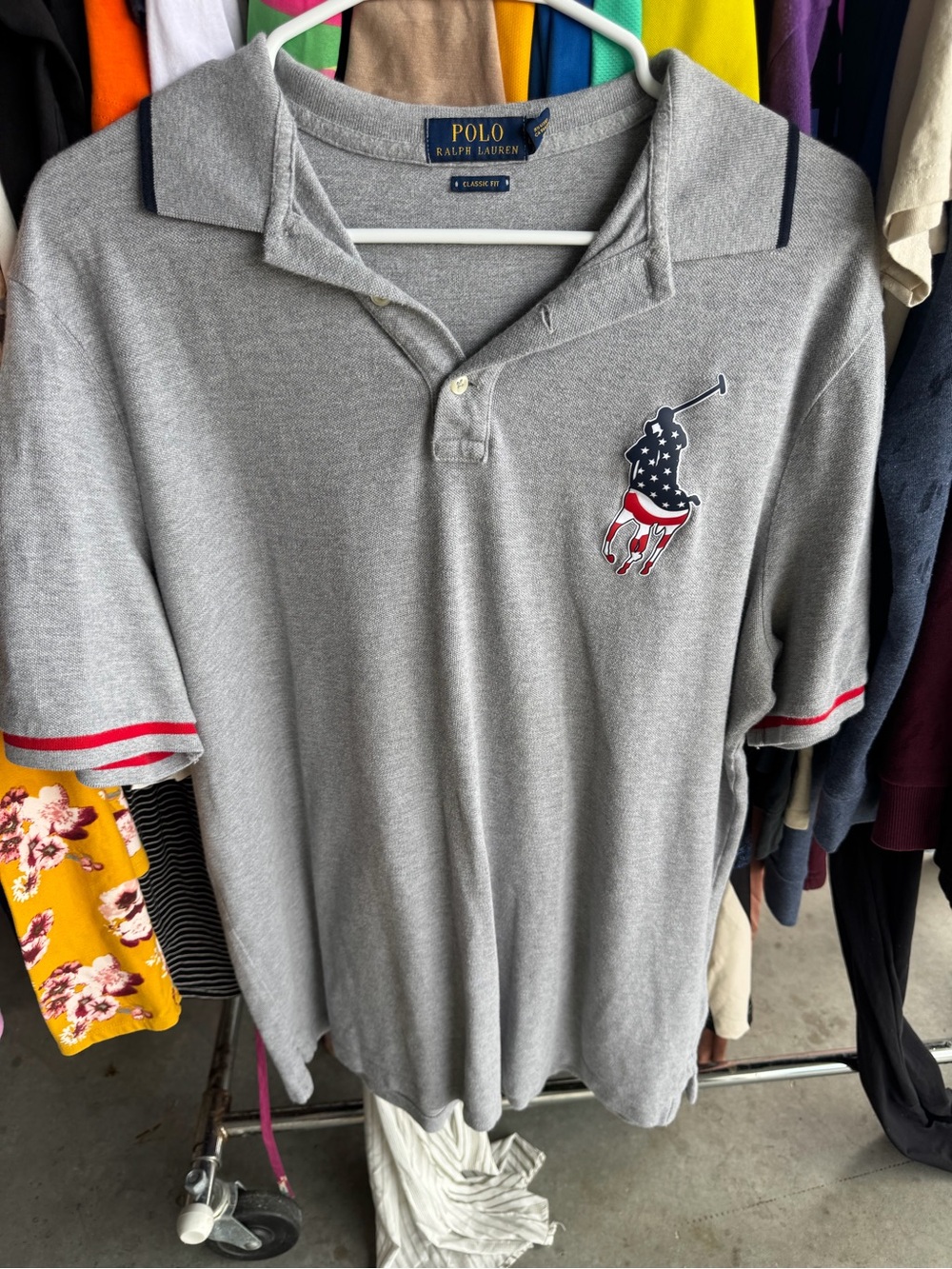 Polo by Ralph Lauren Grey Polo with American Flag Pony Patch and Red Trim